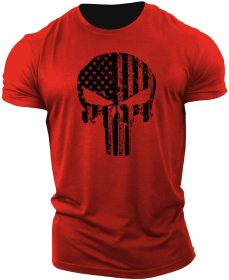 Men's Skull Workout Short Sleeve T-shirt Cotton GYM (Color: Red Background, size: M)