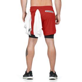 Running Shorts Men 2 In 1 Double-deck Quick Dry GYM Sport Shorts (Color: Red, size: XL)