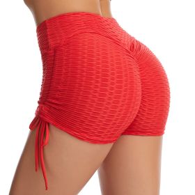 Drawstring Shorts Textured Butt Lift Gym Workout Shorts (Color: Red, size: S)