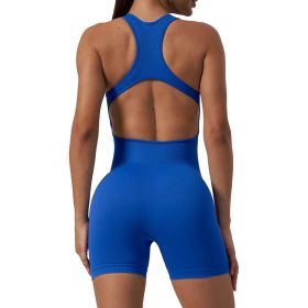 New Yoga Jumpsuit Seamless Ribbed Sleeveless Sexy Cutout Backless One-piece (Color: Blue, size: S)