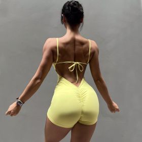 Nylon Pad Lace Women Yoga Backless One Piece Jumpsuit Bodysuit (Color: Yellow, size: S)