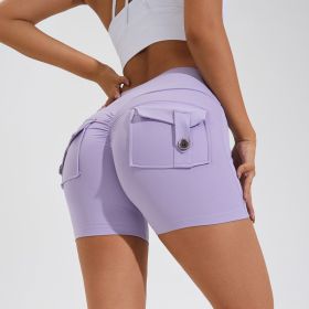 High Waist Hip Lifting Shorts With Pockets (Color: Dream Purple, size: S)